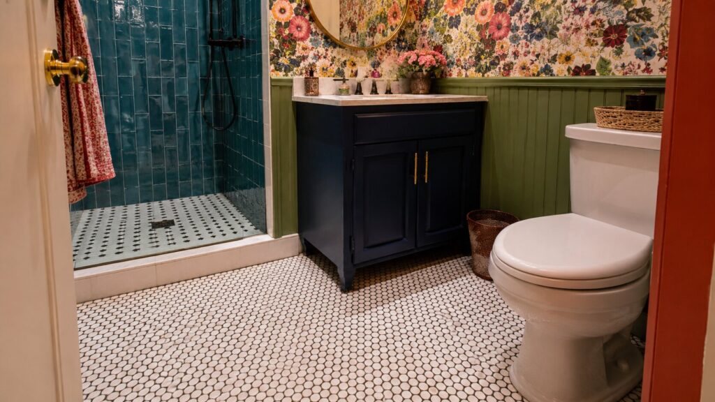 Small bathroom with bold patterns and mosaic floor tiles
