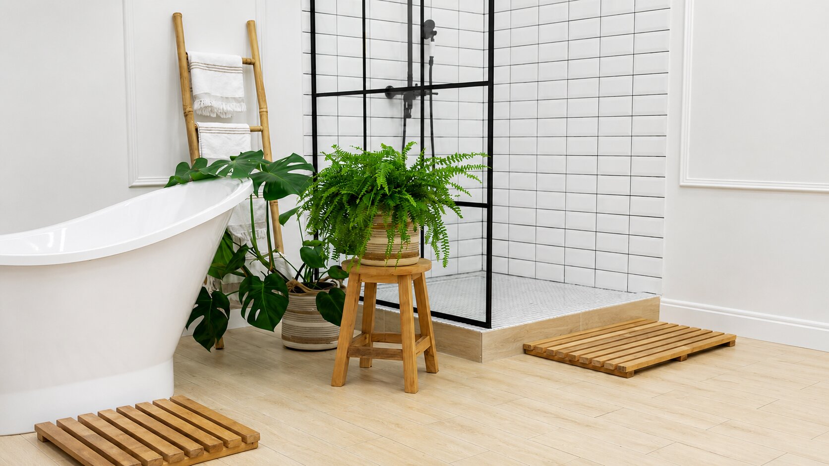 Modern bathroom with freestanding tub, plants, and glass shower