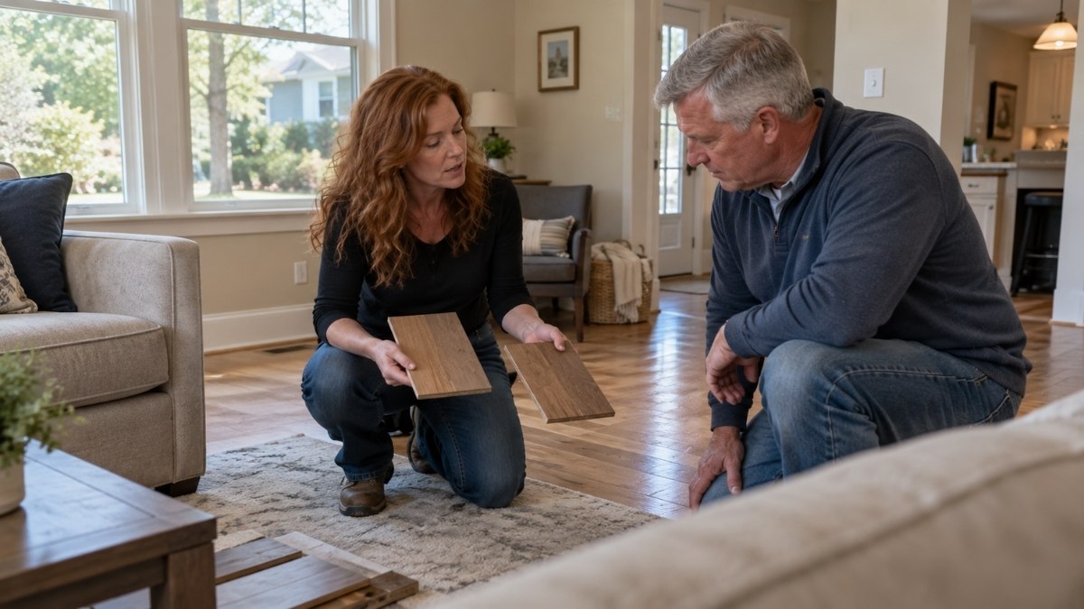 discussing a flooring project with a professional flooring contractor
